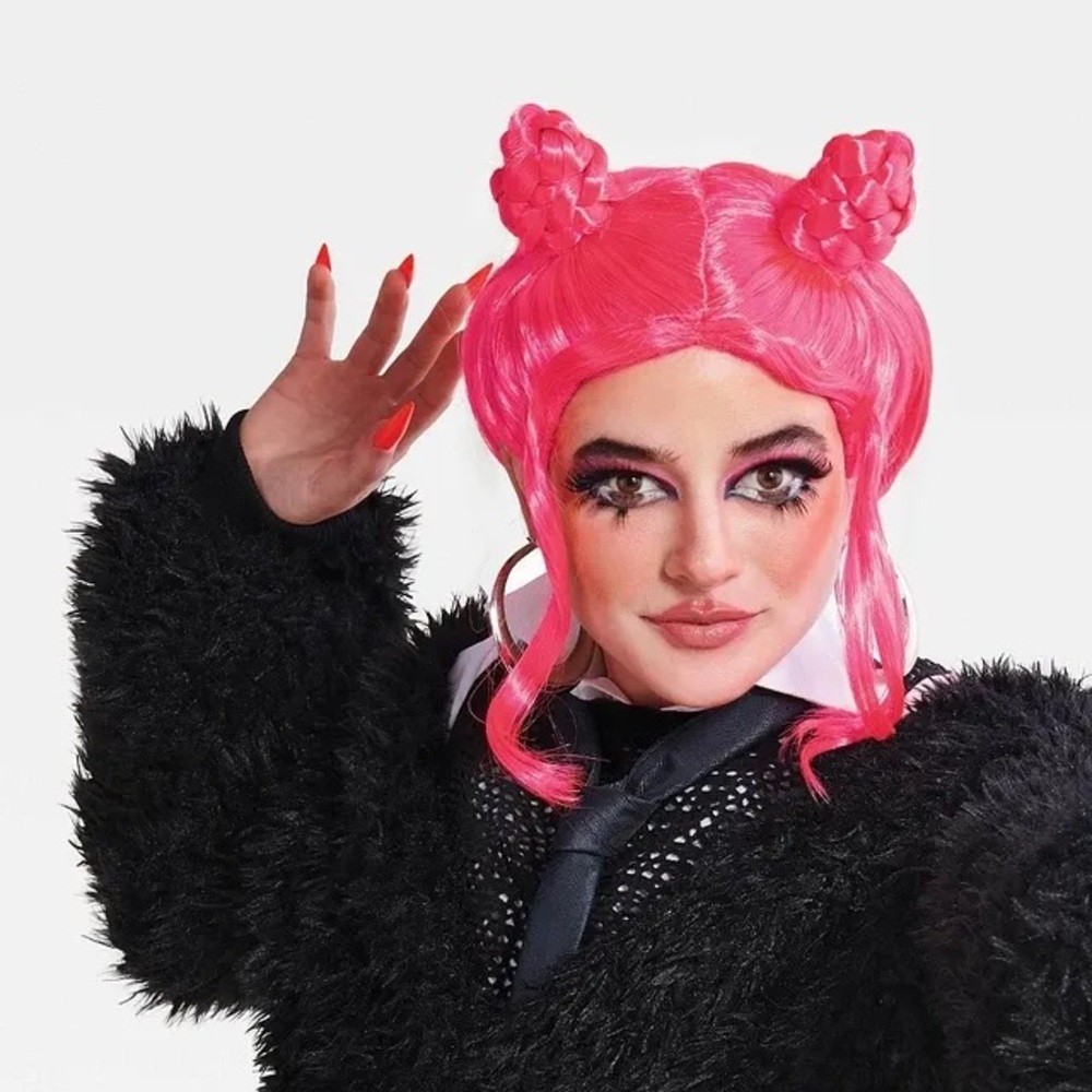 NWT Adult Neon Pink Braided Space Bun Halloween Costume‎ Wig - Hyde & EEK!